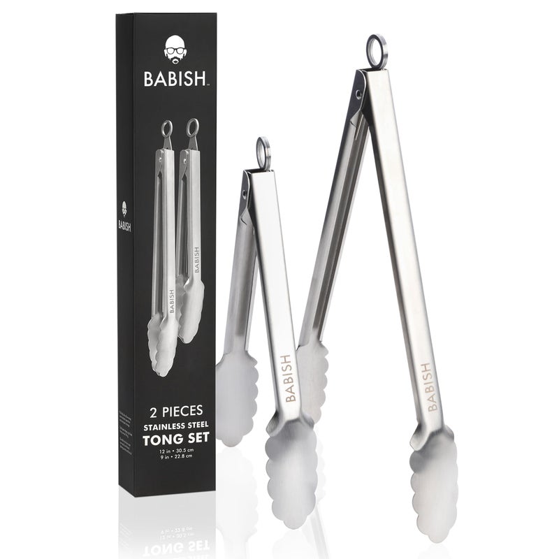 Babish 2-Piece Locking Kitchen Tongs Set â€“ 12â€ & 9â€ Stainless Steel Cooking Tongs with Non-Slip Grip â€“ Heavy-Duty BBQ, Grilling & Serving Tools - Image 1