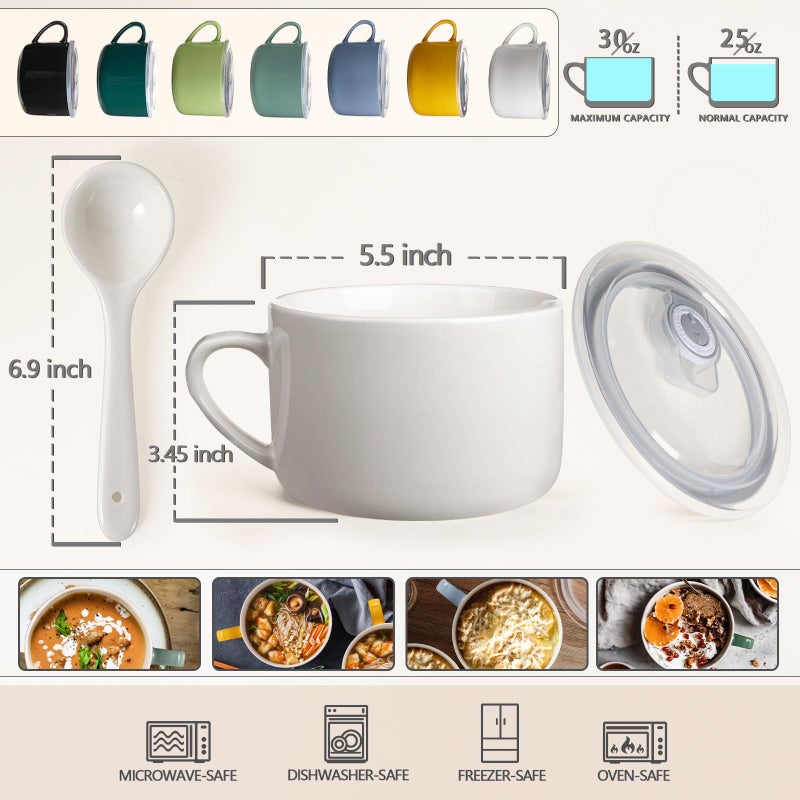 Wareland Soup Bowls with Handles & Spoons, 30oz Ceramic Ramen Bowl with Lid, Large Soup Mugs/Cups for Instant Noodle, Big Cereal Bowls for Oatmeal, Soup Containers with Lids, Set of 2, White - Image 2