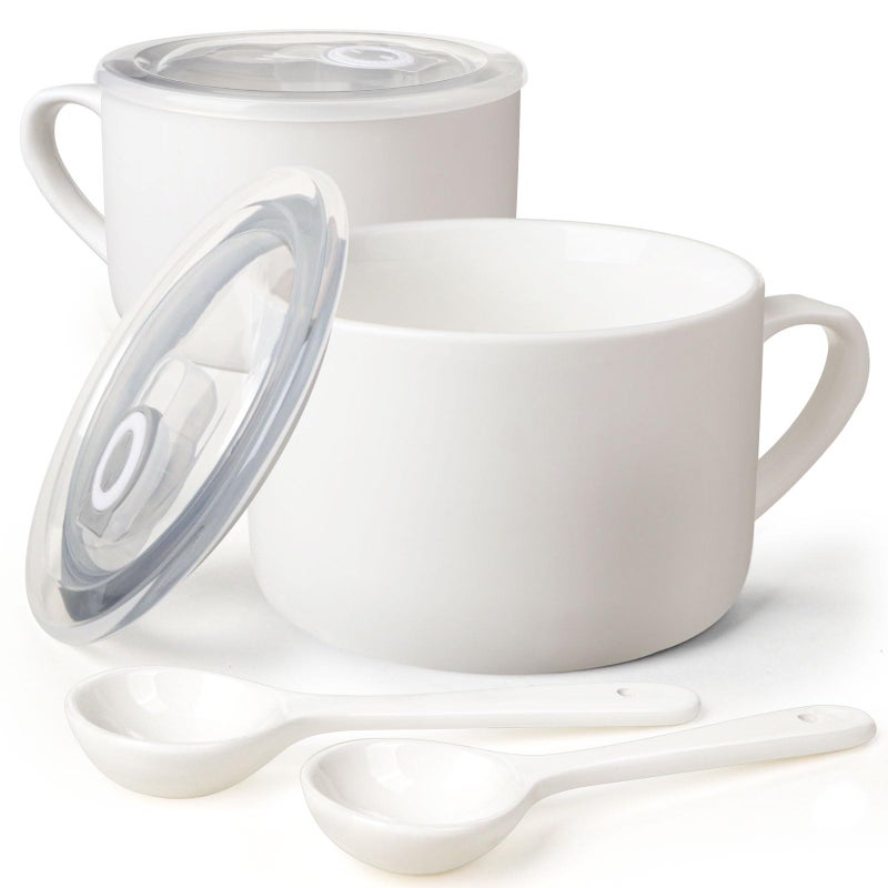 Wareland Soup Bowls with Handles & Spoons, 30oz Ceramic Ramen Bowl with Lid, Large Soup Mugs/Cups for Instant Noodle, Big Cereal Bowls for Oatmeal, Soup Containers with Lids, Set of 2, White - Image 1