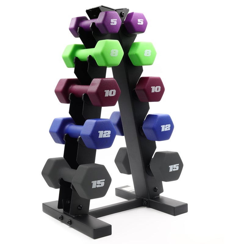 CAP Barbell 100 LB Set of Neoprene Dumbbells with Rack Color Series | 5, 8, 10, 12 and 15 LB pairs - Image 1