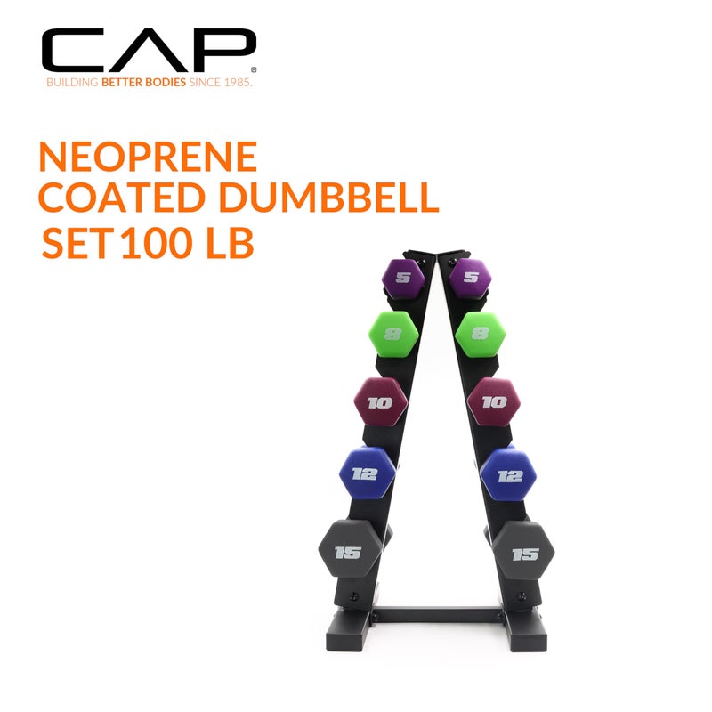 CAP Barbell 100 LB Set of Neoprene Dumbbells with Rack Color Series | 5, 8, 10, 12 and 15 LB pairs - Image 3