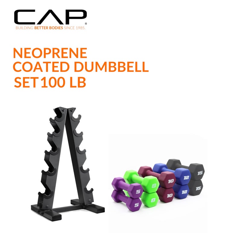 CAP Barbell 100 LB Set of Neoprene Dumbbells with Rack Color Series | 5, 8, 10, 12 and 15 LB pairs - Image 2