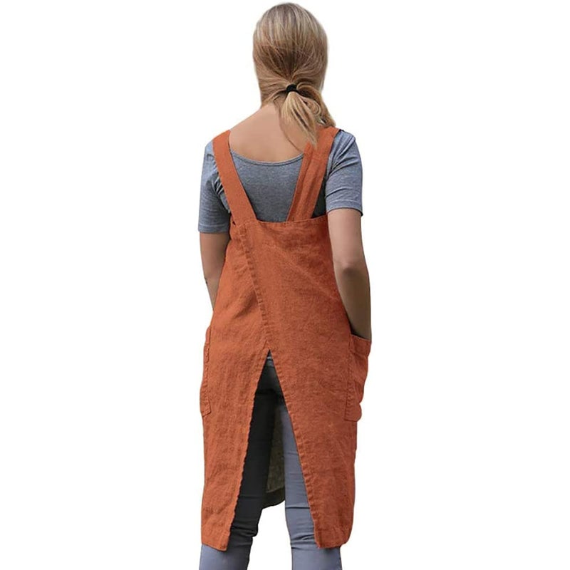 WROLEM Women 's Cross Back Pinafore Apron with Large Pockets Home Kitchen  Restaurant  Coffee house Cooking Gardening Works Orange-XL - Image 3