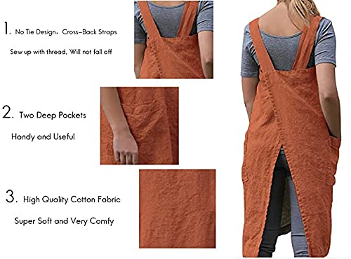 WROLEM Women 's Cross Back Pinafore Apron with Large Pockets Home Kitchen  Restaurant  Coffee house Cooking Gardening Works Orange-XL - Image 4