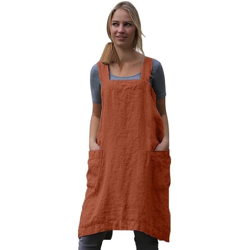 WROLEM Women 's Cross Back Pinafore Apron with Large Pockets Home Kitchen  Restaurant  Coffee house Cooking Gardening Works Orange-XL - Image 1