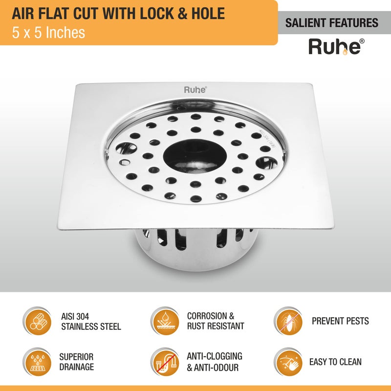 RUHE مصرف أرضي مربع مسطح Ruhe® | مصيدة أرضية من الفولاذ المقاوم للصدأ بدرجة 304 | 5 × 5 بوصات | مصرف أرضي مع مصيدة صراصير / جالي، قفل وثقب - Image 3