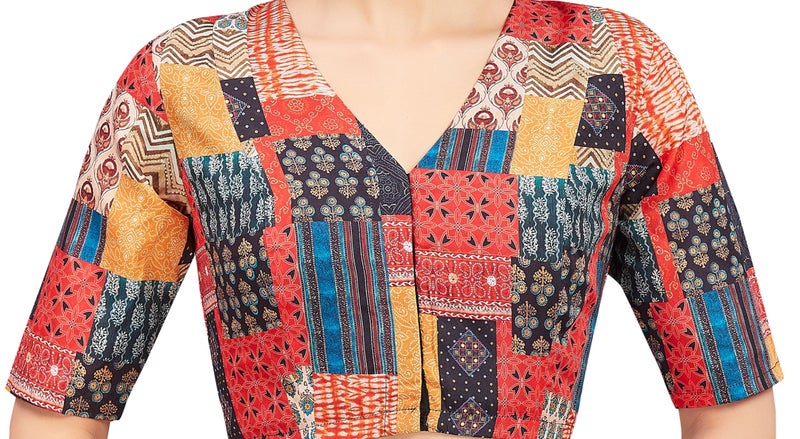 Studio Shringaar Women's Patchwork Printed Polyester Elbow Length Sleeves Readymade Saree Blouse (Multi-Color, 42) - Image 5