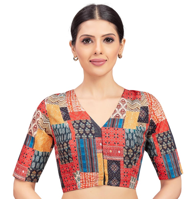 Studio Shringaar Women's Patchwork Printed Polyester Elbow Length Sleeves Readymade Saree Blouse (Multi-Color, 42) - Image 1