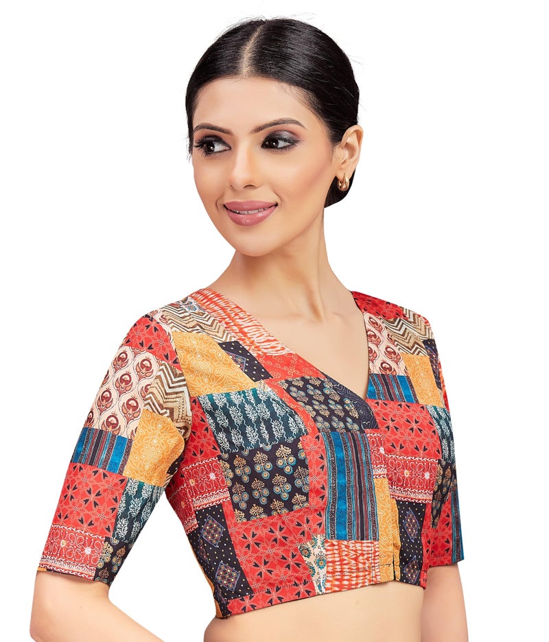 Studio Shringaar Women's Patchwork Printed Polyester Elbow Length Sleeves Readymade Saree Blouse (Multi-Color, 42) - Image 4