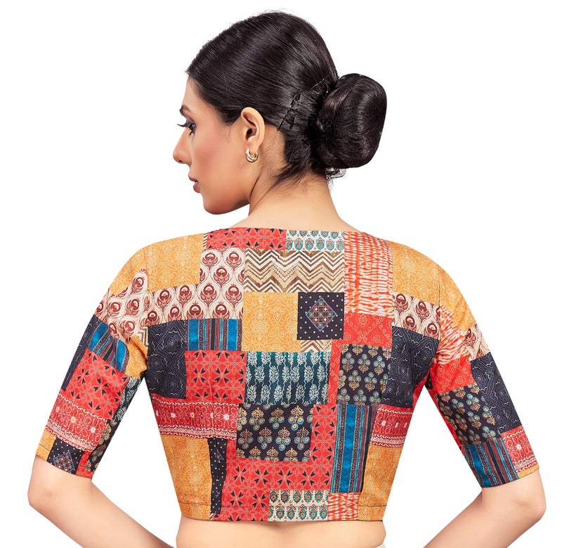 Studio Shringaar Women's Patchwork Printed Polyester Elbow Length Sleeves Readymade Saree Blouse (Multi-Color, 42) - Image 2