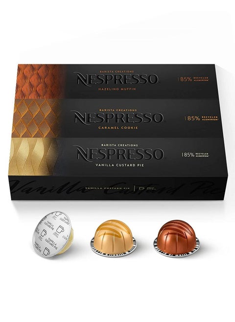 Nespresso Capsules Vertuo Line Barista Creations Flavored Pack Hazelino Muffin 10 Caramel Cookie 10 Vanilla Custard Pie 10 Mild Roast Coffee 30 Count Coffee Pods