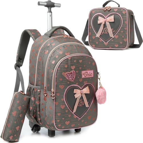 Meetbelify Girls Rolling Backpack Kids Backpacks with Wheels for Elementary Students Carry on Backpack with Lunch Box Travel Suitcase Trip Luggage for Girls Ages 6-8 - Image 1