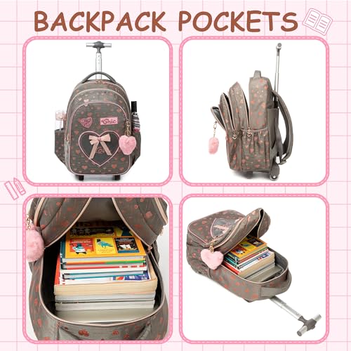 Meetbelify Girls Rolling Backpack Kids Backpacks with Wheels for Elementary Students Carry on Backpack with Lunch Box Travel Suitcase Trip Luggage for Girls Ages 6-8 - Image 4