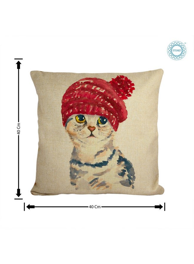 STITCHNEST Set of 2 Jute Cushion Covers - 16x16 Inches - Cute Cat Illustrations with Headphones & Beanie - Fun Animal Print Cushion Covers for Sofa, Kids Room & Cat Lovers - Image 2