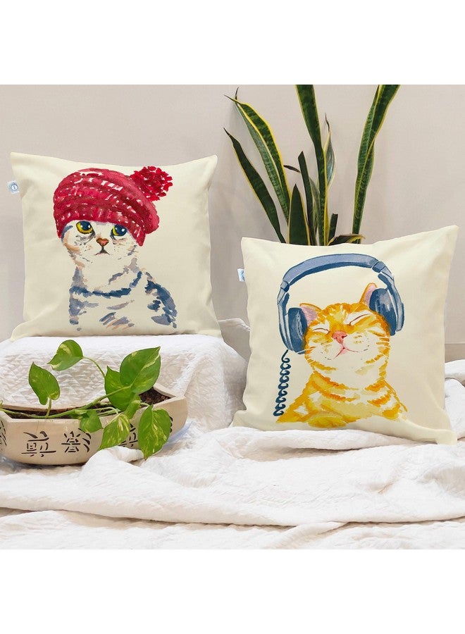 STITCHNEST Set of 2 Jute Cushion Covers - 16x16 Inches - Cute Cat Illustrations with Headphones & Beanie - Fun Animal Print Cushion Covers for Sofa, Kids Room & Cat Lovers - Image 1