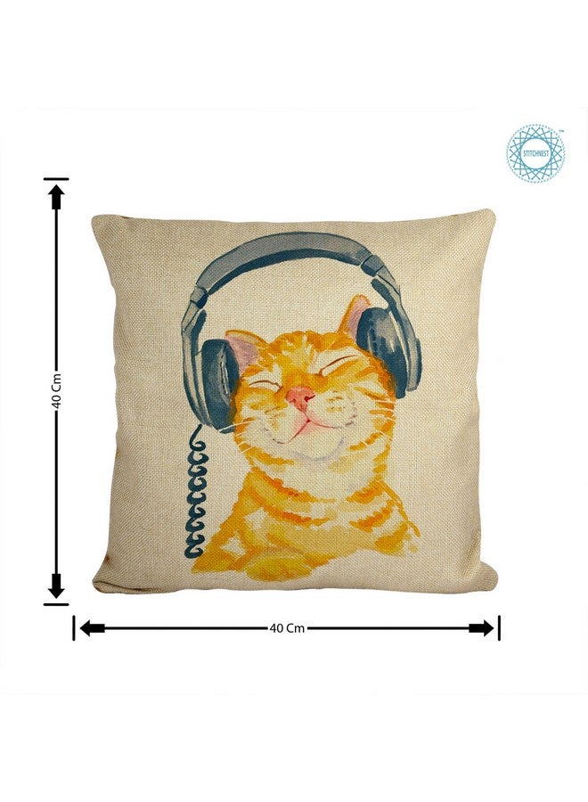 STITCHNEST Set of 2 Jute Cushion Covers - 16x16 Inches - Cute Cat Illustrations with Headphones & Beanie - Fun Animal Print Cushion Covers for Sofa, Kids Room & Cat Lovers - Image 3