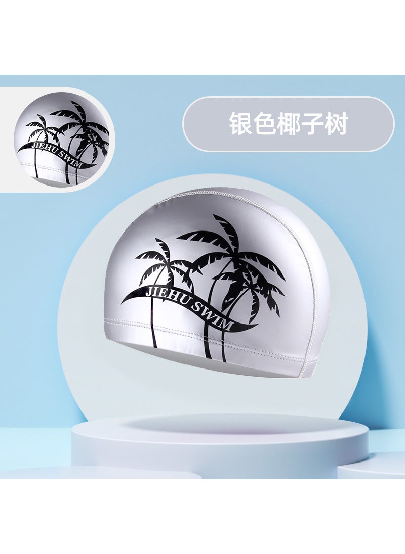 Generic Professional PU Swim Caps Coated Comfortable Waterproof Silver Coconut Tree