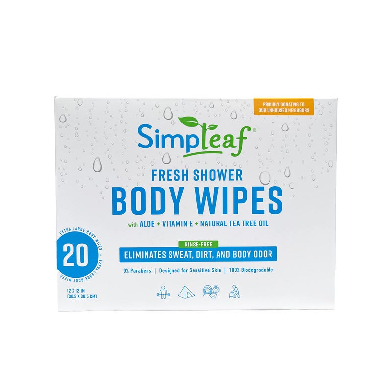 Simpleaf Body Wipes Rinse Free Extra Large 12 x 12 Shower Wipes EcoFriendly Paraben Alcohol Free Hypoallergenic Safe For Skin Bathing Wipes Bath Wipes For Adults No Rinse 20 Count Pack