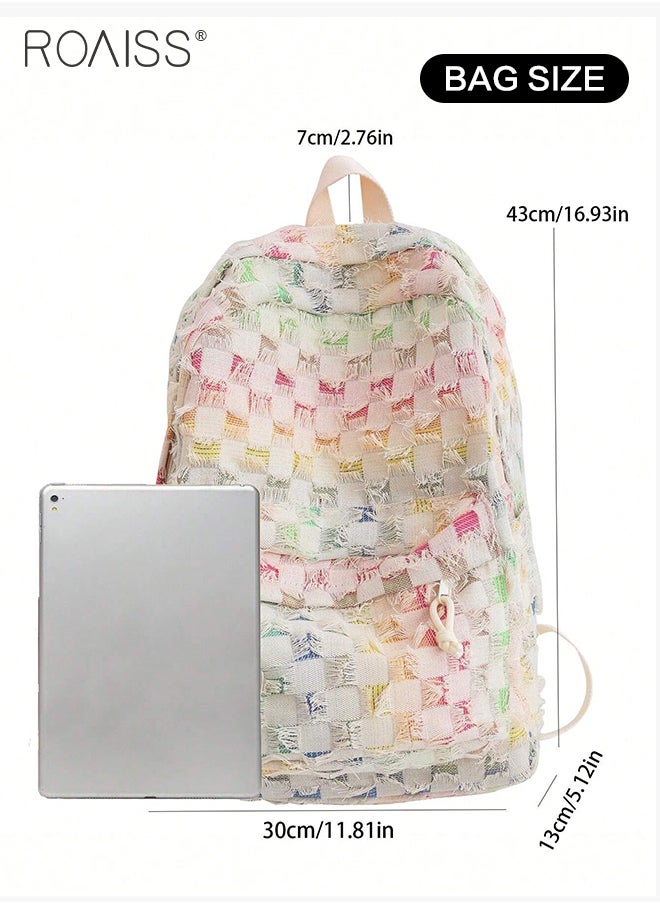 roaiss - Gradient Color Checkered Schoolbag for Girl Large Capacity Multiple Compartments Canvas Backpack Ladies Retro Fashion Ultralight Student Bag with Smooth Zipper and Adjustable Shoulder Strap - Image 1