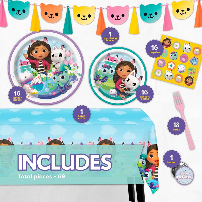 Unique Gabby Dollhouse Party Decorations | Gabby Birthday Party Decorations | Tablecover, Banner, Plates, Napkins, Button | Serves 16 | Officially Licensed - Image 2