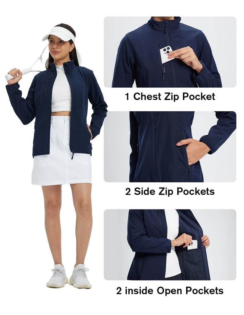 fit space Women's Softshell Jacket, Fleece Lined Warm Lightweight Windbreaker, Insulated Shell for Hiking Outdoors, Navy Medium - Image 4