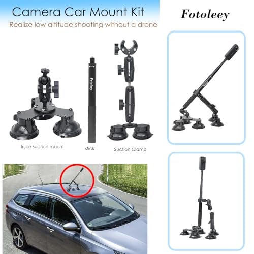 Fotoleey مجموعة تثبيت كاميرا فوتولي 360 على السيارة مع كوب شفط ل Insta360 X4/X5/X3/Ace Pro/Go 3 و GoPro Max/Hero 12/11 - 3/5 أكواب شفط مع مشبك فائق وعصا سيلفي لتصوير الفيديو عالي السرعة في السيارة - Image 4