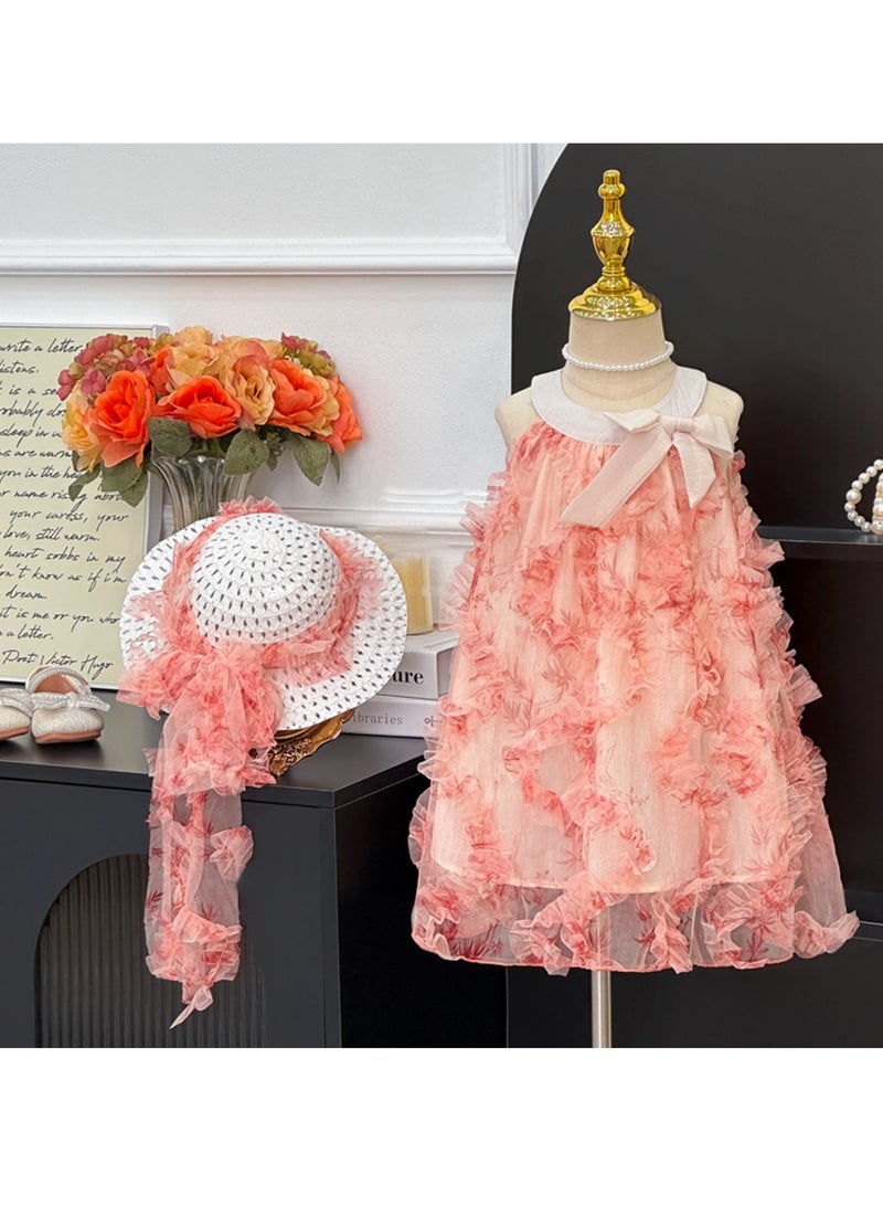 1–2Y Toddler Girl Summer Princess Dress with Sun Hat, Pink 3D Floral Tulle Dress, Sleeveless Outfit for Birthday, Eid, Beach, Photoshoot, Fit for Height 90cm - Image 1