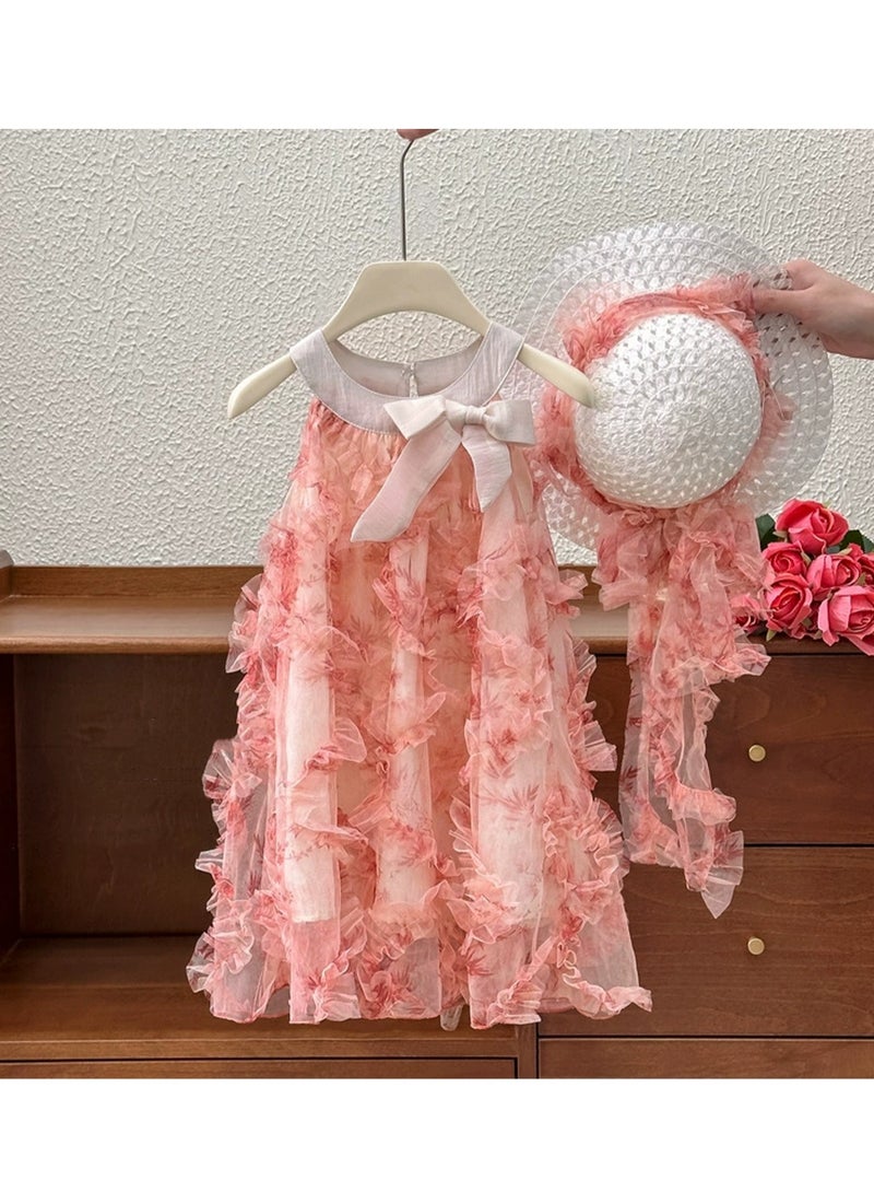 1–2Y Toddler Girl Summer Princess Dress with Sun Hat, Pink 3D Floral Tulle Dress, Sleeveless Outfit for Birthday, Eid, Beach, Photoshoot, Fit for Height 90cm - Image 2