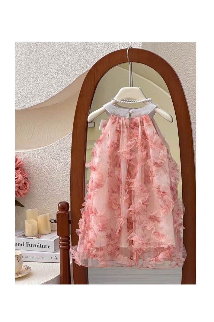 1–2Y Toddler Girl Summer Princess Dress with Sun Hat, Pink 3D Floral Tulle Dress, Sleeveless Outfit for Birthday, Eid, Beach, Photoshoot, Fit for Height 90cm - Image 4