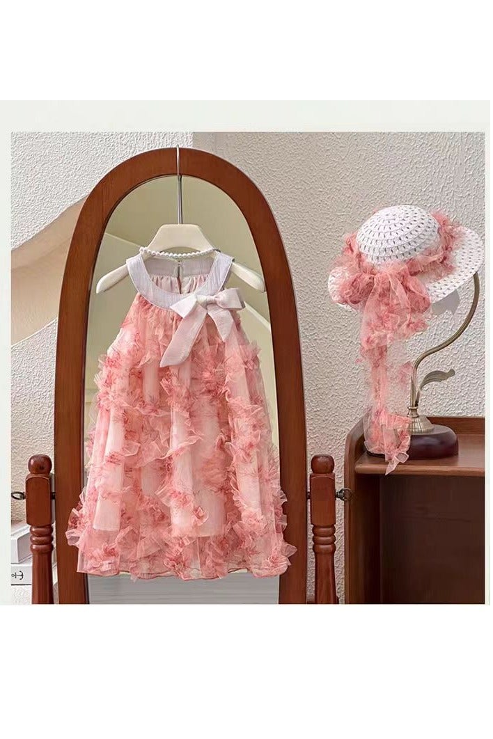 1–2Y Toddler Girl Summer Princess Dress with Sun Hat, Pink 3D Floral Tulle Dress, Sleeveless Outfit for Birthday, Eid, Beach, Photoshoot, Fit for Height 90cm - Image 3