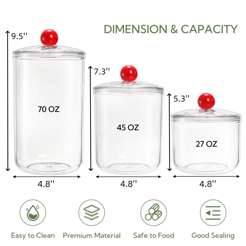 Nagpew 3 Pack Clear Candy Jar, Airtight Plastic Cookie Jars with Lids in 3 Sizes, Wide Mouth Food Storage Apothecary Container for Office Desk, Kitchen, Counter, 70 Oz, 45 Oz, 27 Oz - Image 2