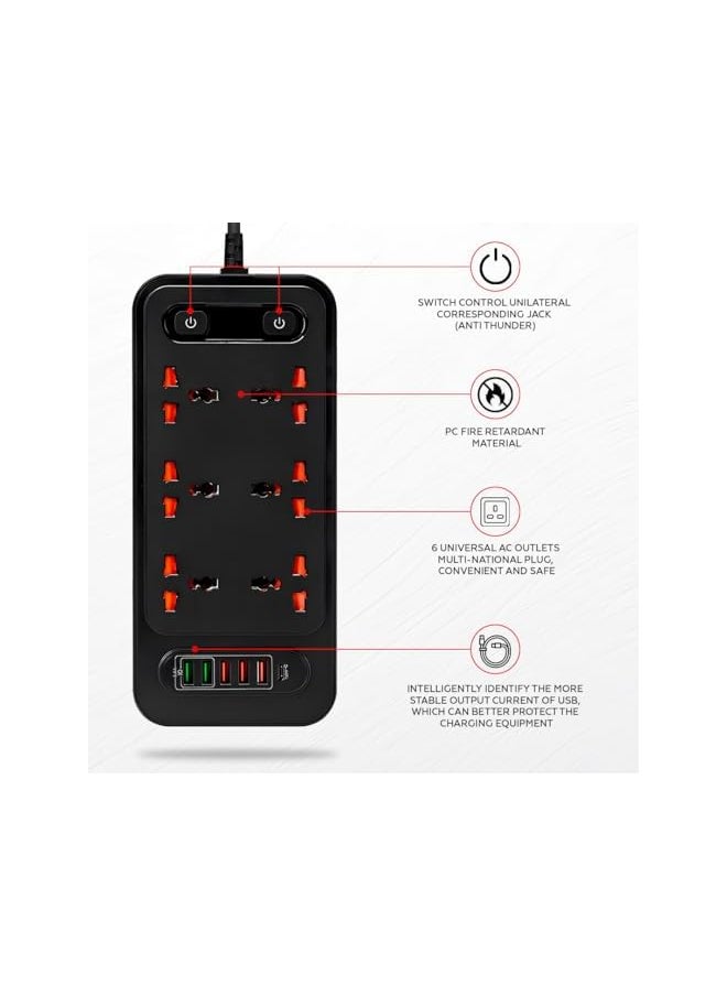 PROMASS promass 3000W 2m Power Strip Extension Cord & Bar 6 UK Outlets 5 USB 1 USB-C Multiple Surge Protector with Charging Socket Universal Extension Lead Wire for Home Work Study Office Kitchen  - Image 2