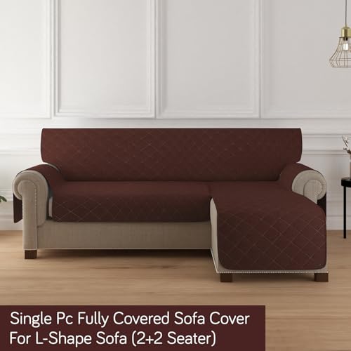 HOKIPO Polyester L Shape 4 Seater (2+2 Seater) Reversible Sofa Cover Mat for Sectional Sofa, Brown (AR-5754-BR) - Image 2