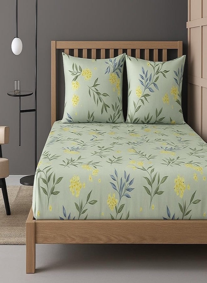 VIVEA RESERVE 400 TC Cotton Feel Glace Cotton Fully Elastic Fitted Bedsheet Queen Size Double Bed with 2 Pillow Covers (60" × 78" inches, Leafora Greens) - Image 1