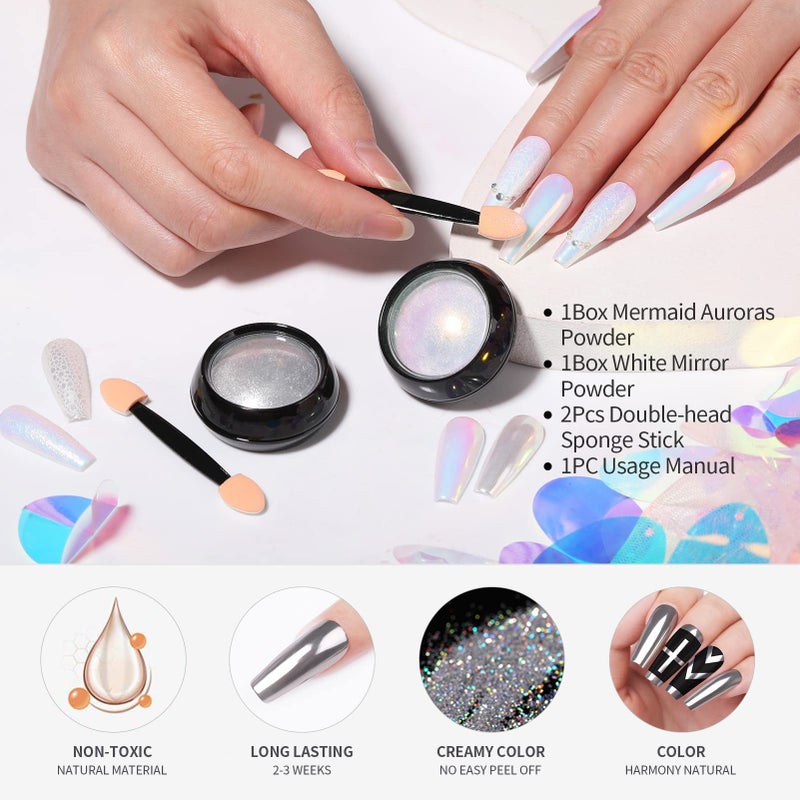 Born Pretty Chrome Powder Metallic Mirror Auroras Mermaid Pearl Pigment Powder Manicure Nail Art Decoration Sets 2 Boxes - Image 3