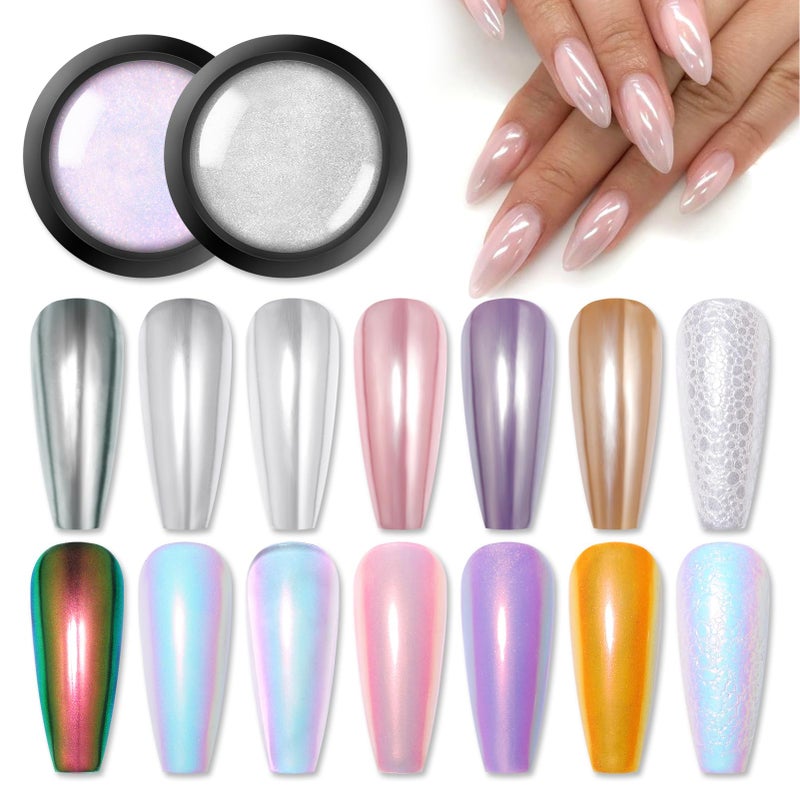 Born Pretty Chrome Powder Metallic Mirror Auroras Mermaid Pearl Pigment Powder Manicure Nail Art Decoration Sets 2 Boxes - Image 1