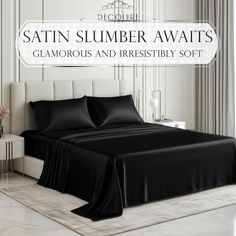 DECOLURE Satin Sheets, Silky Satin Sheet Set, Satin Bed Sheets Queen Set, (Queen Size) Black - Image 2