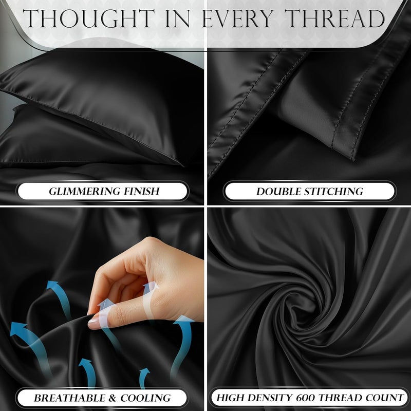 DECOLURE Satin Sheets, Silky Satin Sheet Set, Satin Bed Sheets Queen Set, (Queen Size) Black - Image 3