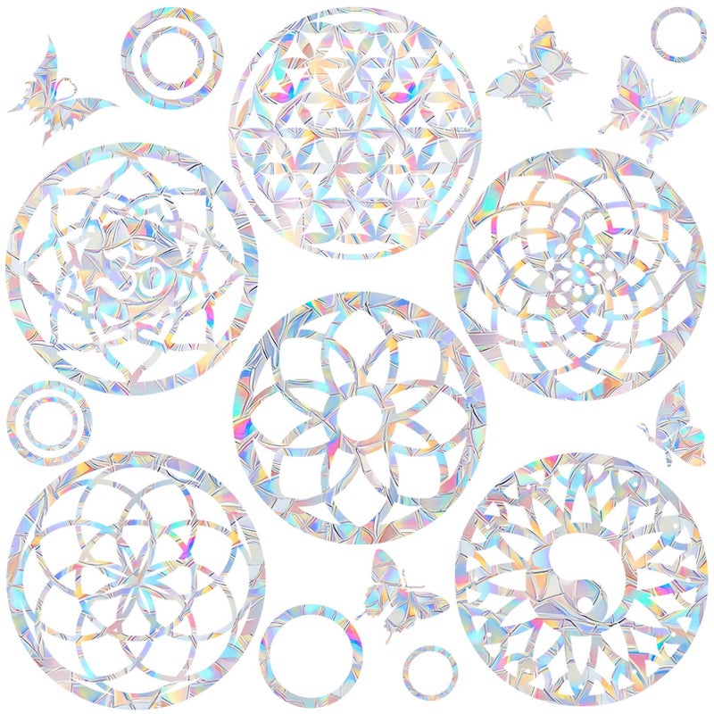 AREAWA 6 Big Mandala Window Decals for Bird Strikes - Anti-Collision Window Clings to Save Birds from Window Collisions Non Adhesive Prismatic Window Clings  Rainbow Suncatcher Stickers - Image 1