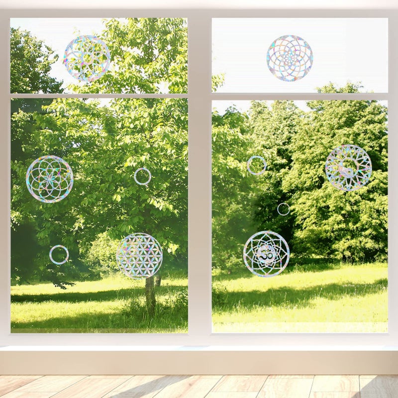 AREAWA 6 Big Mandala Window Decals for Bird Strikes - Anti-Collision Window Clings to Save Birds from Window Collisions Non Adhesive Prismatic Window Clings  Rainbow Suncatcher Stickers - Image 5