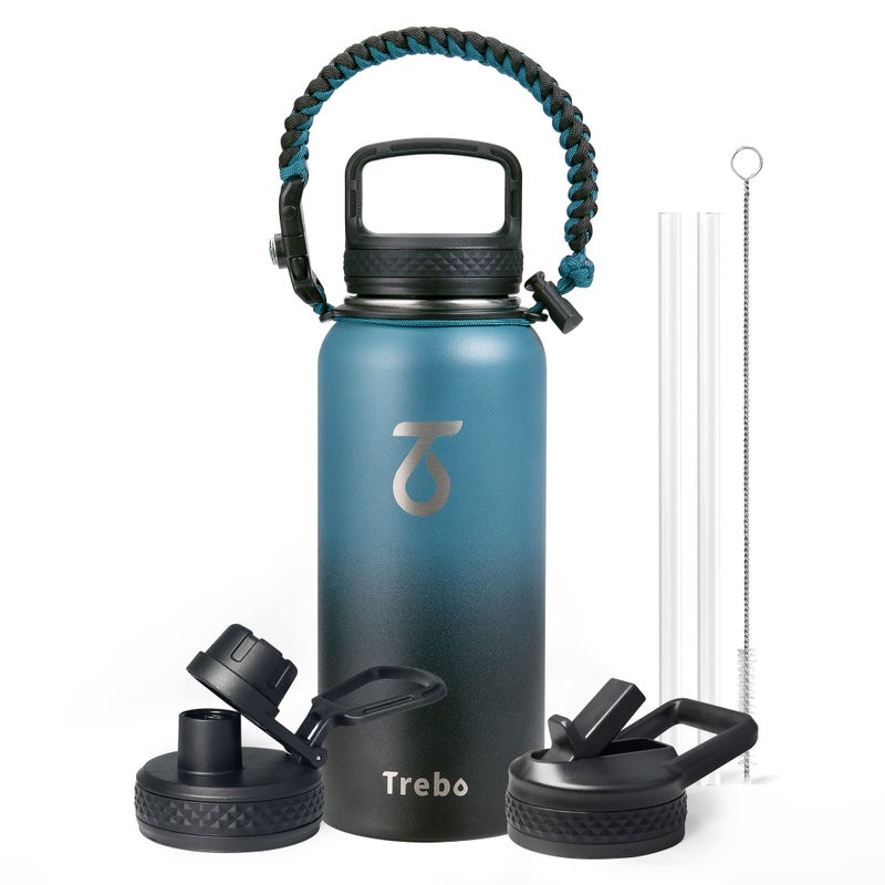 Trebo 32oz Water Bottle Insulated with Lid and StrawDouble Wall Vacuum Stainless Steel Metal Tumbler Sports Flask with Paracord Handle Keep Cold 48 Hours Water Cup with 3 Lids IndigoBlack