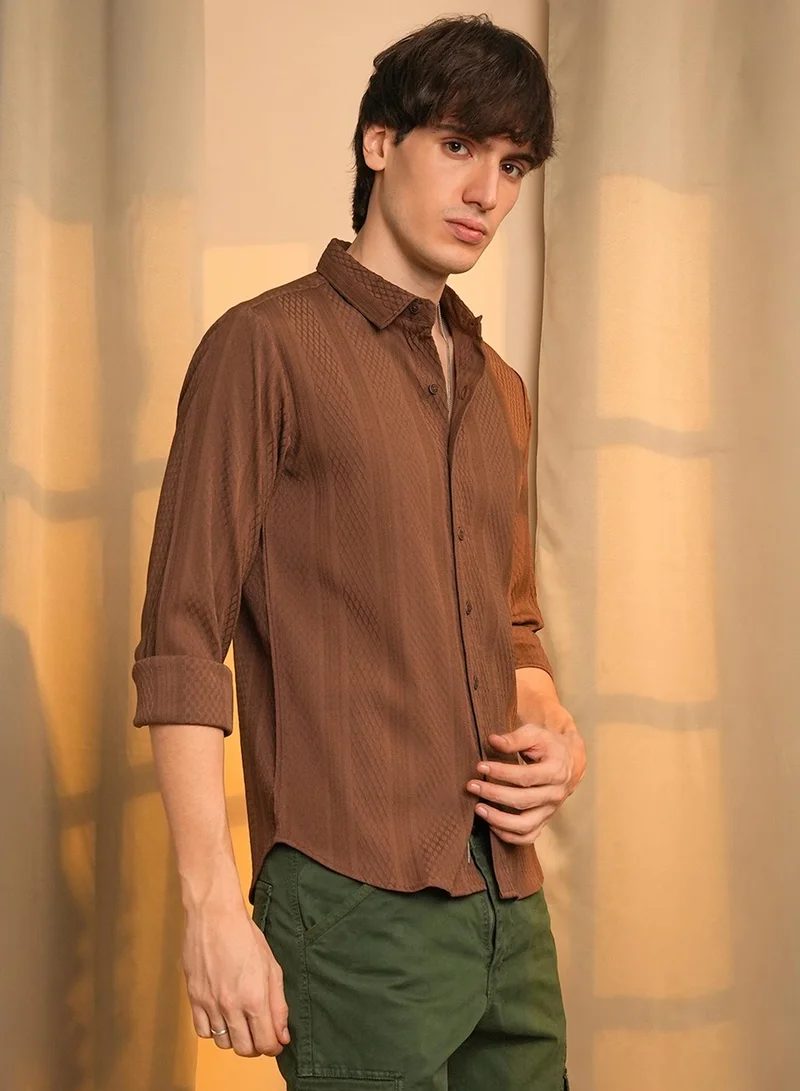 Campus Sutra Campus Sutra Men's Chocolate Brown Mesh-Textured Knit Shirt For Casual Wear | Spread Collar | Long Sleeve | Button Closure | Shirt Crafted With Comfort Fit For Everyday Wear