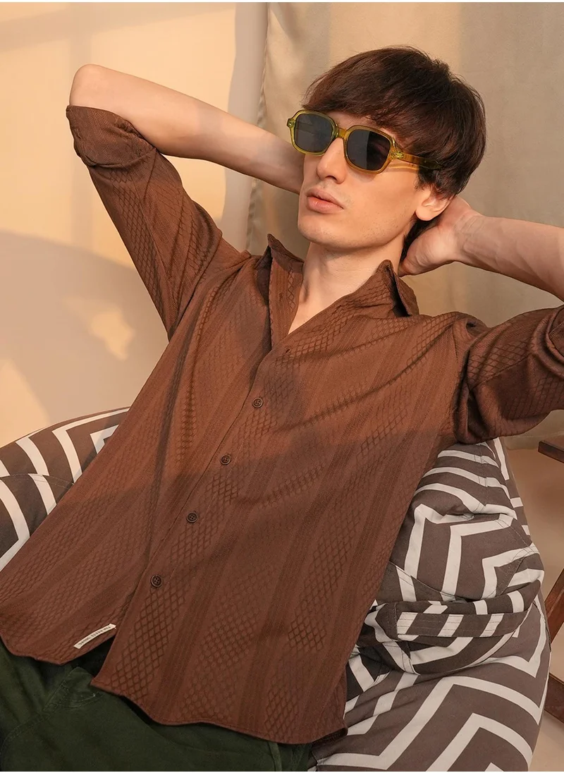 كامبوس سوترا Campus Sutra Men's Chocolate Brown Mesh-Textured Knit Shirt For Casual Wear | Spread Collar | Long Sleeve | Button Closure | Shirt Crafted With Comfort Fit For Everyday Wear