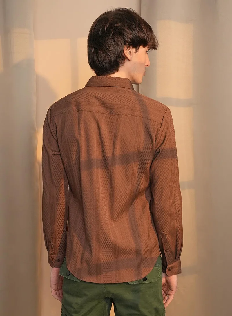 Campus Sutra Campus Sutra Men's Chocolate Brown Mesh-Textured Knit Shirt For Casual Wear | Spread Collar | Long Sleeve | Button Closure | Shirt Crafted With Comfort Fit For Everyday Wear