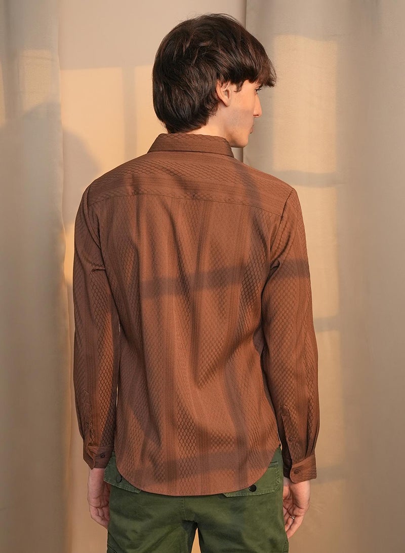 Campus Sutra Campus Sutra Men's Chocolate Brown Mesh-Textured Knit Shirt For Casual Wear | Spread Collar | Long Sleeve | Button Closure | Shirt Crafted With Comfort Fit For Everyday Wear  - Image 5