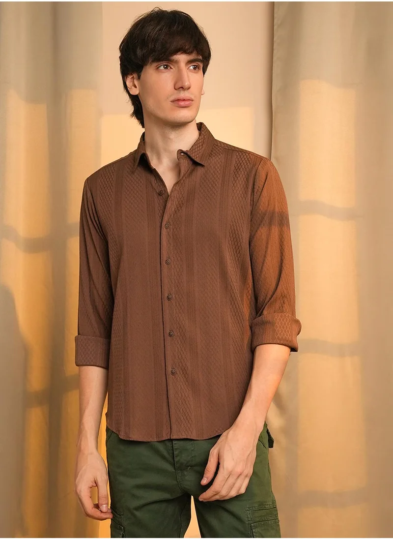 كامبوس سوترا Campus Sutra Men's Chocolate Brown Mesh-Textured Knit Shirt For Casual Wear | Spread Collar | Long Sleeve | Button Closure | Shirt Crafted With Comfort Fit For Everyday Wear