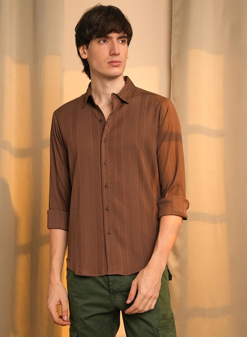 Campus Sutra Campus Sutra Men's Chocolate Brown Mesh-Textured Knit Shirt For Casual Wear | Spread Collar | Long Sleeve | Button Closure | Shirt Crafted With Comfort Fit For Everyday Wear  - Image 2