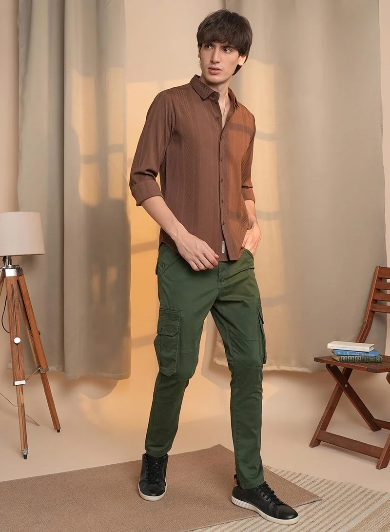 Campus Sutra Campus Sutra Men's Chocolate Brown Mesh-Textured Knit Shirt For Casual Wear | Spread Collar | Long Sleeve | Button Closure | Shirt Crafted With Comfort Fit For Everyday Wear