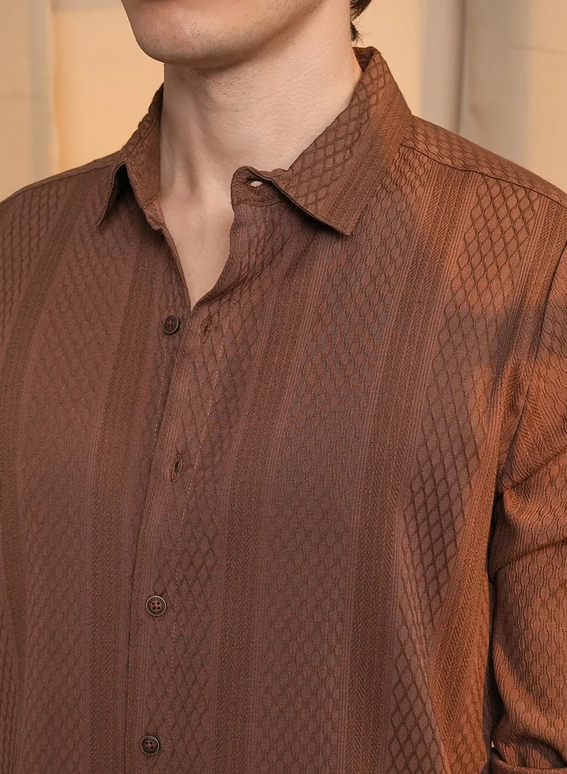 Campus Sutra Campus Sutra Men's Chocolate Brown Mesh-Textured Knit Shirt For Casual Wear | Spread Collar | Long Sleeve | Button Closure | Shirt Crafted With Comfort Fit For Everyday Wear
