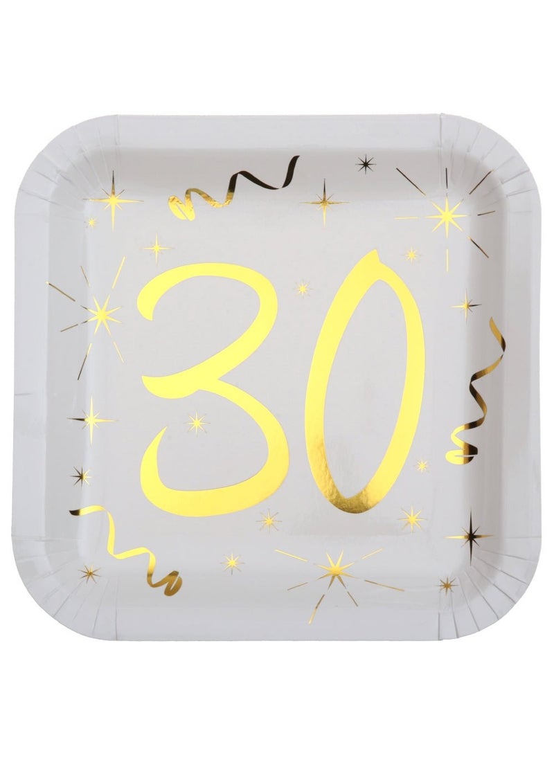30th Birthday Anniversary Disposable Paper Plates White Gold 23cm 10-Pack